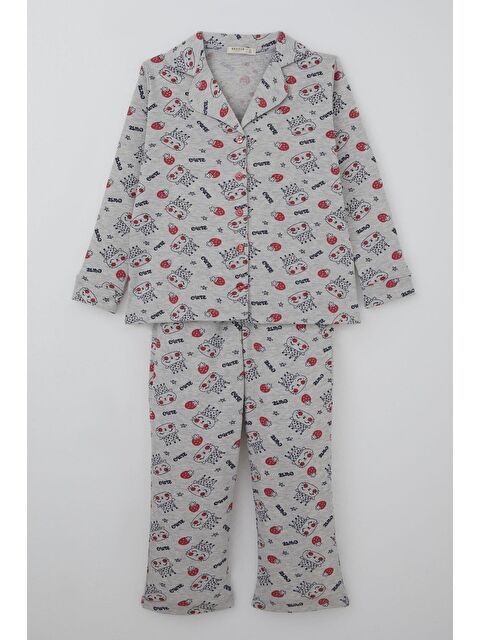 Breeze Kız Çocuk Pijama Takımı Kraliçe Kedicik & Çilek Desenli Açık Gri Melanj (7-11 Yaş)