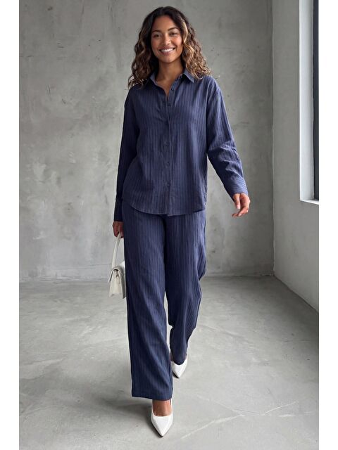 Madmext Lacivert Çizgili Kadın Gömlek Takım Mg2695 - S000527523-21164