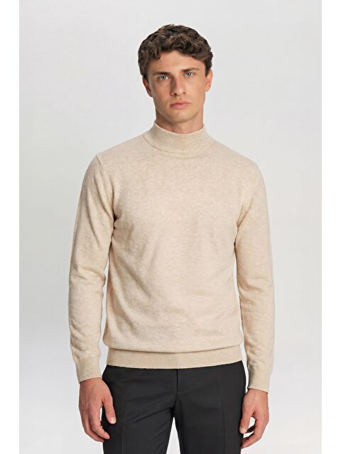 Sabri Özel Bej Regular Fit Pamuklu Yarım Balıkçı Yaka Erkek Triko Kazak - S000523521-19928