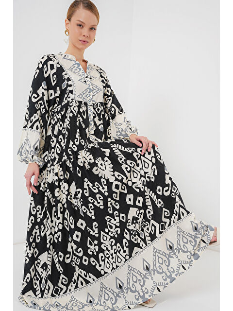 Bigdart 2423 Otantik Desenli Tesettür Elbise - Siyah 8 - S000273939-2595