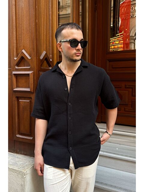 Livio Ferri Nebel Erkek Yazlık Pamuk Gömlek Apaş Yaka Kısa Kollu, Düğmeli, Rahat Kalıp