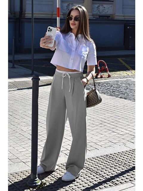 Madmext Gri Çift Bel Bantlı Wide Leg Kadın Pantolon Mg2551 - S000460316-20600