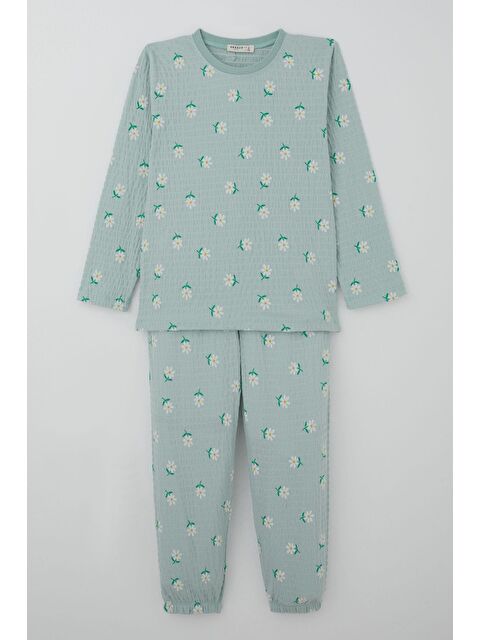 Breeze Kız Çocuk Pijama Takımı Papatya Desenli Su Yeşili (4-8 Yaş) - S000527044-20054