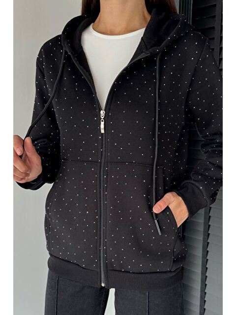 Gülseli Kadın Taş İşlemeli Kapüşonlu Şardonlu Ön Fermuarlı Sweatshirt - S000482946-19351