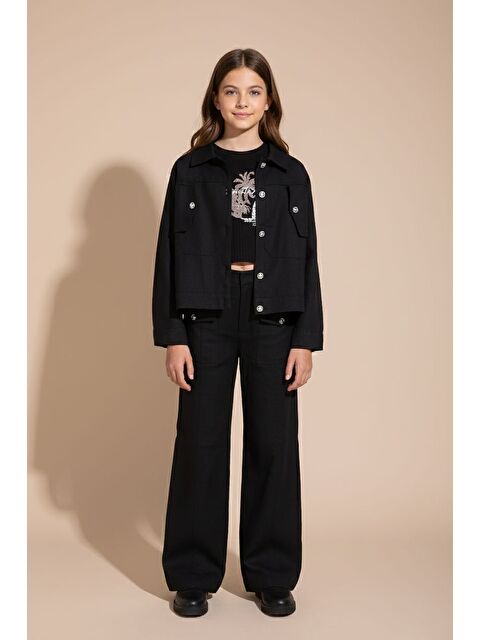 Cansın Mini Siyah Düğme Detaylı Keten Gömlekli Pantolonlu Kız Çocuk 3lü Takım 23494 - S000499015-19351