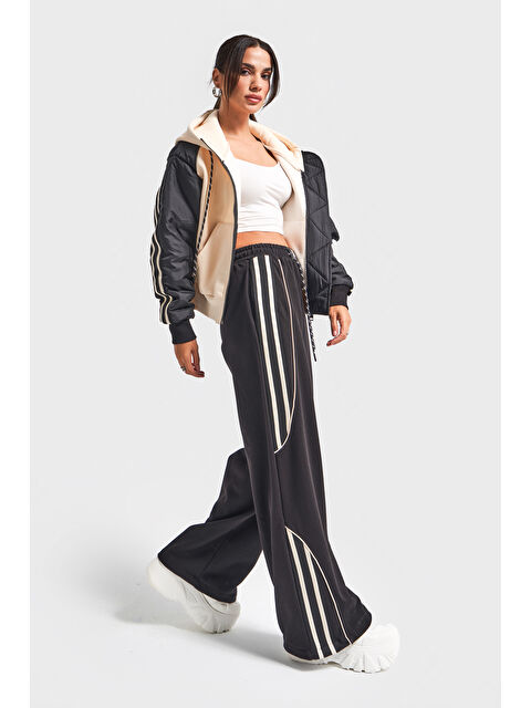 It's Basic Kadın Bej Siyah Renk w5-1 Örme Kumaş Polar ve Eşofman 2'li Tasarım Kombin Takım - S000457835-19351