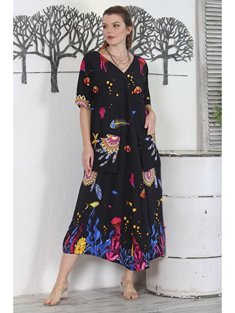 Chiccy Siyah V Yaka Kısa Kol Çift Cepli Allover Baskılı Casual Dokuma Elbise - S000358971-19351