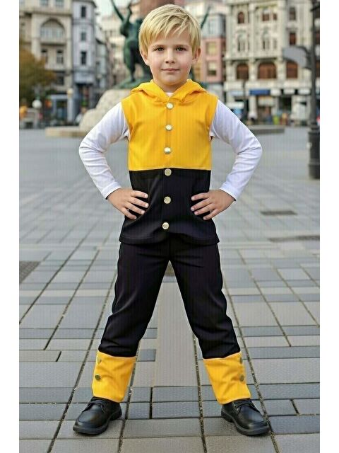 Riccotarz Erkek Çocuk CıtCıt Düğme ve Çift Renkli Yelek Stop Yazı Detaylı Penye Kazak Siyah Eşofman Takım - S000510485-19351