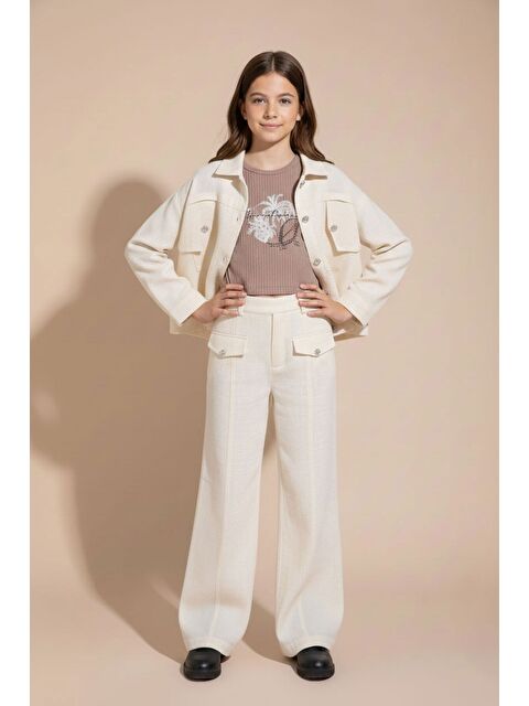 Cansın Mini Krem Düğme Detaylı Keten Gömlekli Pantolonlu Kız Çocuk 3lü Takım 23495 - S000499015-19966