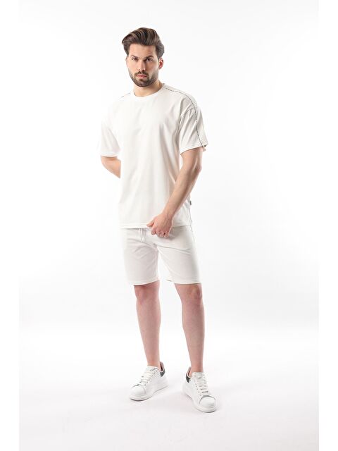 Madmext Ekru Overfit Baskılı Erkek Şort Tişört %100 Pamuk Takım E7302 - S000351398-19965