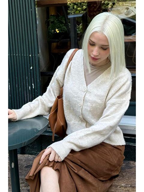 Madmext Ekru V Yaka Kadın Triko Hırka Mg2462 - S000508321-19965