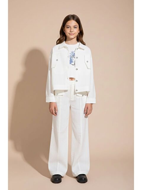 Cansın Mini Ekru Düğme Detaylı Keten Gömlekli Pantolonlu Kız Çocuk 3lü Takım 23496 - S000499015-19965
