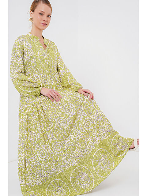 Bigdart 2423 Otantik Desenli Tesettür Elbise - Yeşil 8 - S000273939-5232