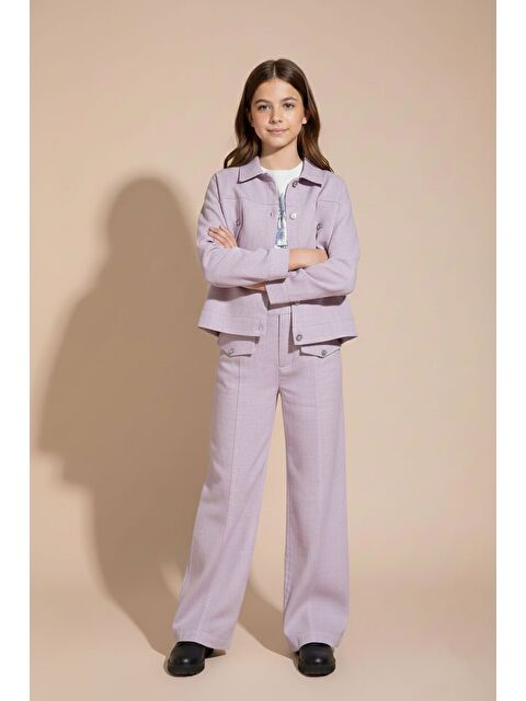 Cansın Mini Gül Kurusu Düğme Detaylı Keten Gömlekli Pantolonlu Kız Çocuk 3lü Takım 23497 - S000499015-20028