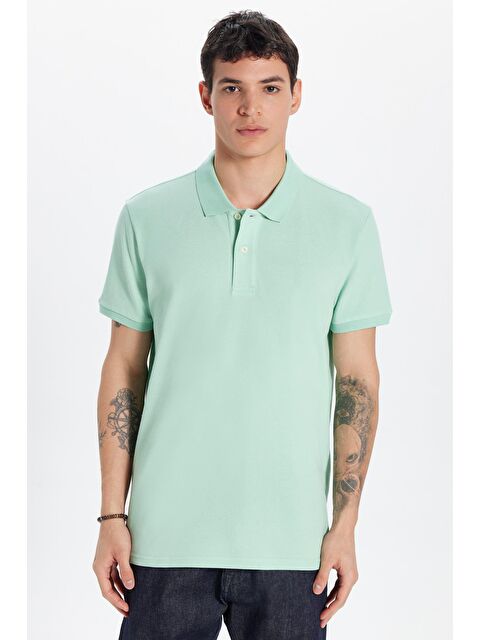 TUDORS Erkek Slim Fit Dar Kesim %100 Pamuk Yeşil Polo Yaka Tişört