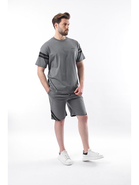 Madmext Füme Şerit Detaylı Erkek Şort Tişört %100 Pamuk Takım E7301 - S000351399-33408