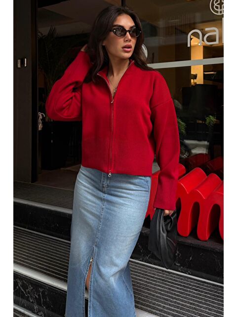 Madmext Kırmızı Çift Fermuarlı Dik Yaka Kadın Triko Hırka Mg2505 - S000457816-20045