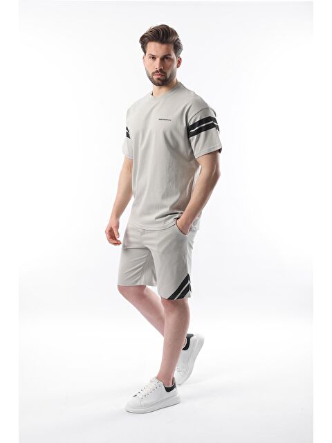 Madmext Boyalı Gri Şerit Detaylı Erkek Şort Tişört %100 Pamuk Takım E7301 - S000351399-22875