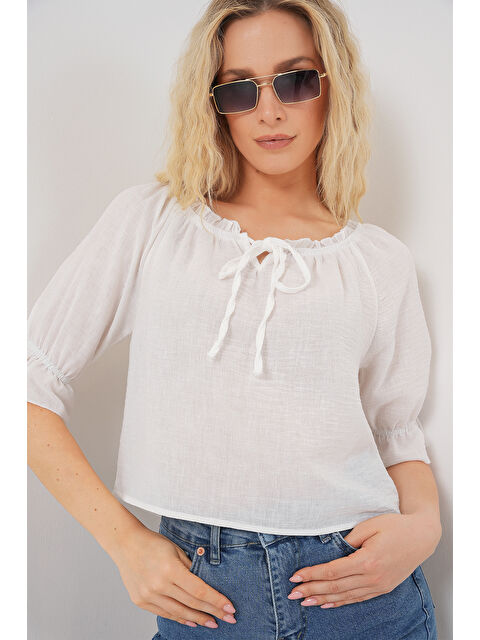 Bigdart Kadın Yakası Fırfır Detaylı Bluz 959 - Beyaz - S000404334-20063