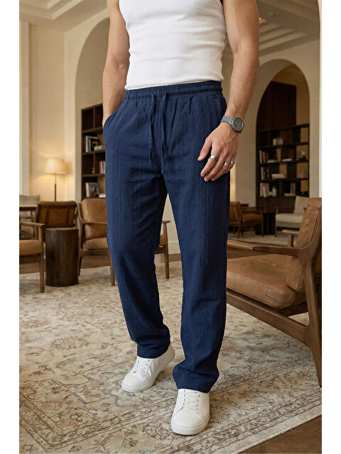 Livio Ferri Bunga Desenli Keten Görünümlü Lastikli Erkek Pantolon