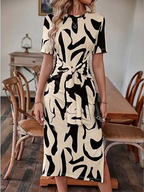 Jane's Kadın Kısa Kollu Bisiklet Yaka Desenli Belden Bağlamalı Yandan Yırtmaçlı Süprem Elbise