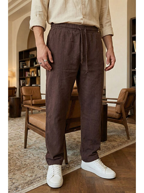 Livio Ferri Bunga Desenli Keten Görünümlü Lastikli Erkek Pantolon