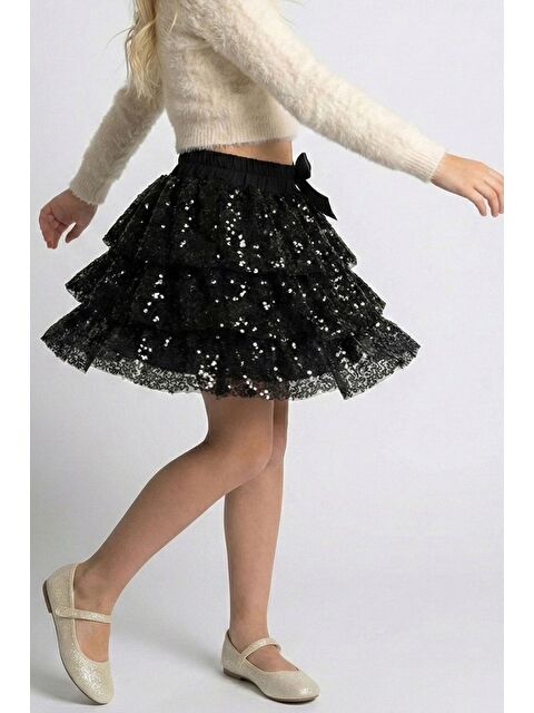 Breeze Kız Çocuk Etek Kat Kat Pul Payetli Fiyonk Aksesuarlı Siyah (5-10 Yaş) - S000493784-19351