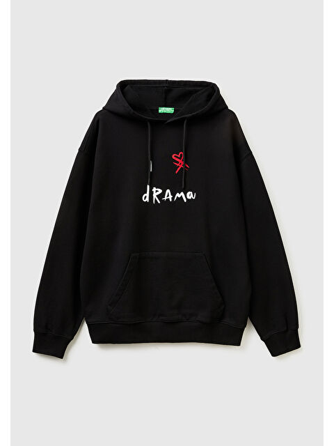 United Colors Of Benetton Erkek Siyah  %100 Pamuk Grafik Baskılı Kapüşonlu Sweatshirt