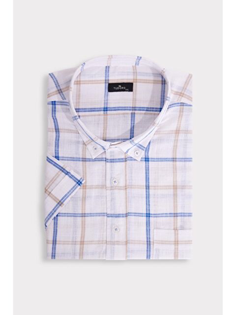 TUDORS Erkek Büyük Beden Yaka Düğmeli Kareli Keten Efektli Kısa Kollu Gömlek - S000518852-23173