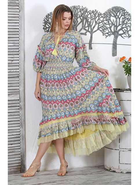 Chiccy Açık Limon Kruvaze Yaka 3/4 Kol Astarlı Püsküllü Allover Baskılı Dokuma Lastikli Bel Tasarım Elbise - S000468773-20068