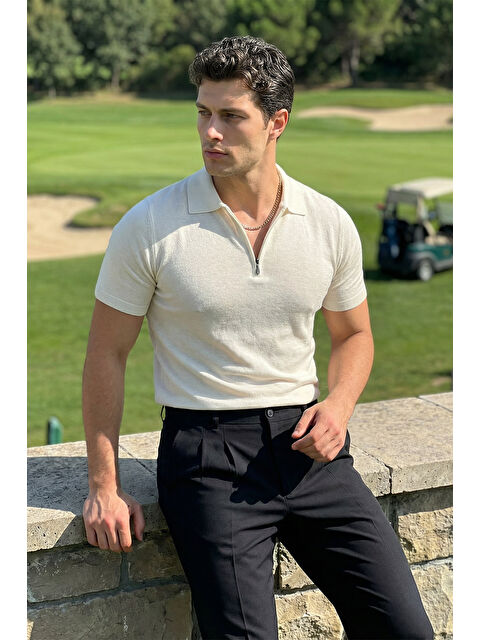 Livio Ferri Osko Erkek Polo Yaka Pamuk Düz İnce Triko Tişört