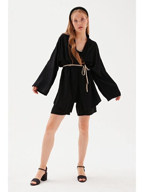 SATEEN Kuşak Detaylı Salaş Kimono - Siyah - S000384565-19351