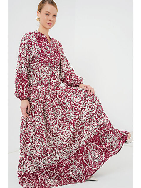 Bigdart 2423 Otantik Desenli Tesettür Elbise - E. Fuşya - S000273939-37270
