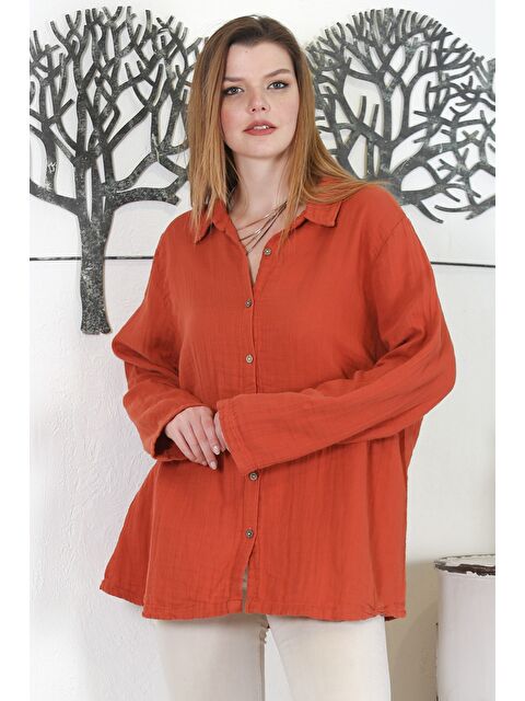 Chiccy Kiremit Rengi Uzun Kol Düğmeli Yıkamalı Casual Müslin Dokuma Gömlek - S000468774-18657