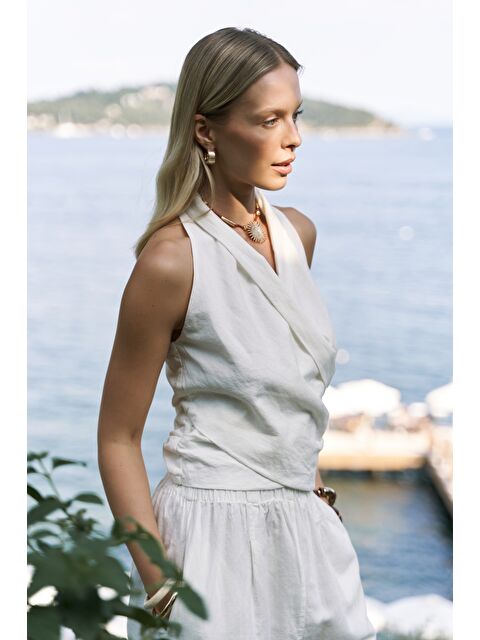 Bohemai Struana Kruvaze Ekru Crop Pantolon Takım - S000512126-19965