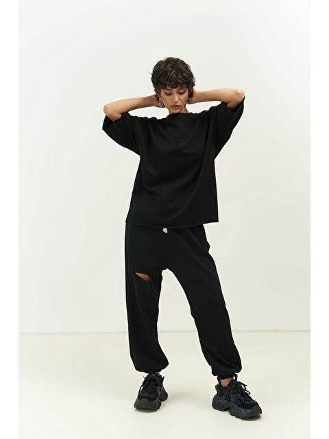 Mai Collection Lion Siyah Oversize T-shirt Yırtıklı Eşofman Takım - S000512201-19351