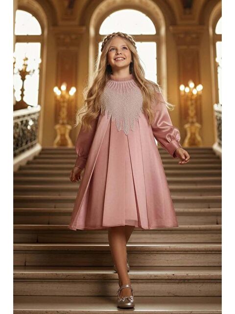 Riccotarz Kız Çocuk Yakası Fırfırlı ve Elmas Taştan Şal Detaylı Pliseli Şifon Gül Kurusu Elbise - S000530034-20028