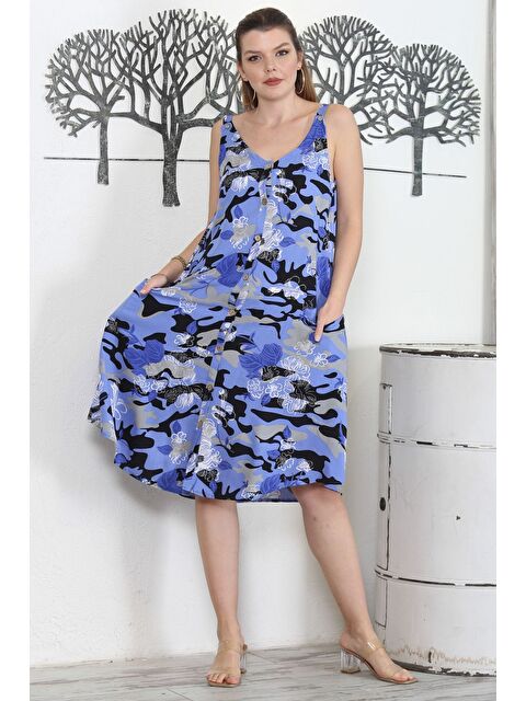 Chiccy Kamuflaj Mavi V Yaka Kolsuz Düğmeli Çift Cepli Casual Dokuma Elbise - S000468770-14276