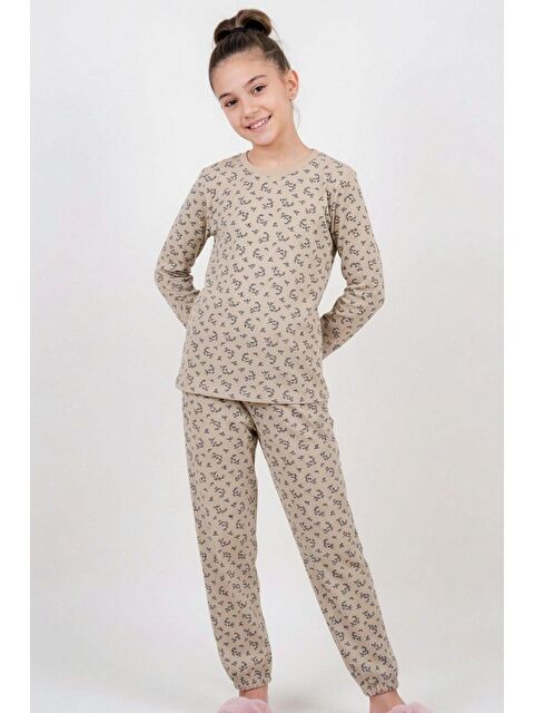 Breeze Kız Çocuk Pijama Takımı Çiçek Desenli Beli Paçası Lastikli Bej (9-12 Yaş)