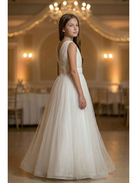 Pina Kids Kız Çocuk V Yaka Beli Taş İşleme Detaylı Tüllü Uzun Abiye  ABY2027 - S000530031-20063