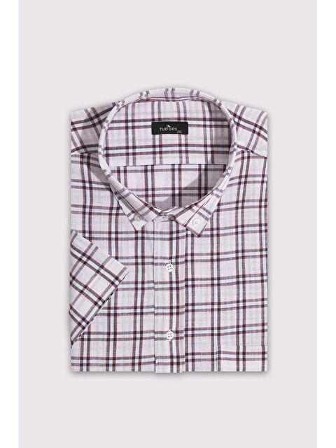 TUDORS Erkek Büyük Beden Yaka Düğmeli Kareli Keten Efektli Kısa Kollu Gömlek - S000518854-23173
