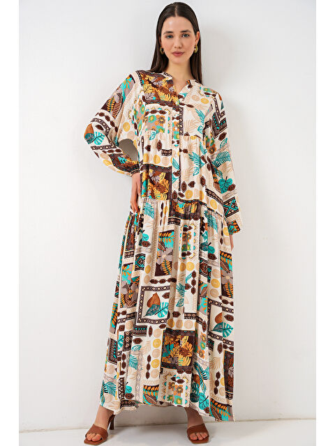 Bigdart Kadın Desenli Uzun Tesettür Elbise 2585 - H. Kahverengi