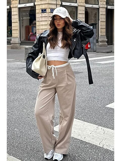 Madmext Bej Çift Bel Bantlı Wide Leg Kadın Pantolon Mg2551 - S000460316-19928
