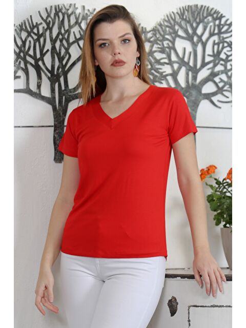 Chiccy Kırmızı V Yaka Kısa Kol Örme Casual Bluz - S000358588-20045
