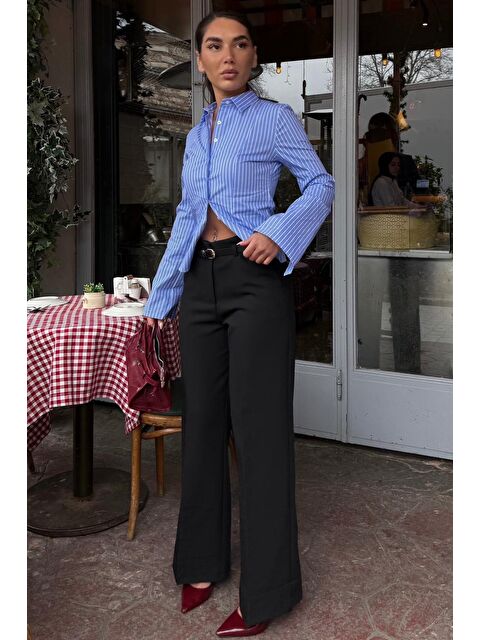 Madmext Siyah Geniş Paça Normal Bel Kemerli Pantolon Mg2735 - S000527525-19351