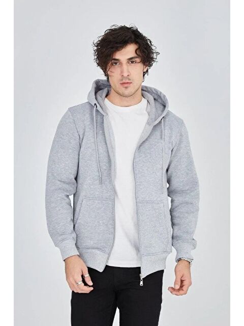 Jane's Erkek Kapüşonlu Düz Fermuarlı Hırka - Gri