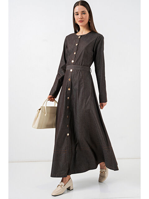 Bigdart Kadın Kuşaklı Uzun Denim Elbise 2595 - Füme