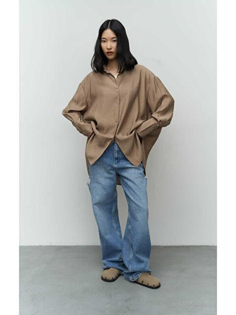 Mai Collection Zaria Açık Vizon Oversize Gömlek - S000512203-26429
