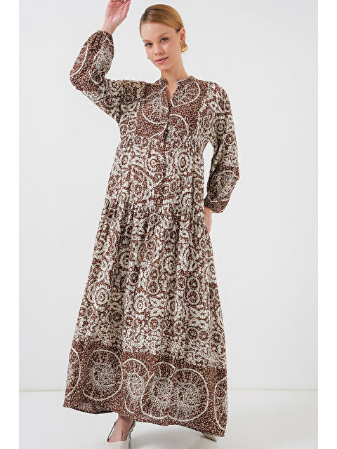 Bigdart 2423 Otantik Desenli Tesettür Elbise - Y.Kahve - S000273939-37320