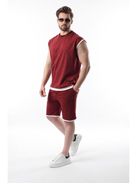 Madmext Bordo Sıfır Kol Erkek Şort Tişört %100 Pamuk Takım E7308 - S000351403-19951